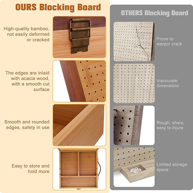 OCPO HOME 12'' Crochet Blocking Board - with Storage Drawer & 20 Pegs, Bamboo Granny Square Blocking Board for Crochet Projects, Ideal Crocheting Gifts for Crocheters