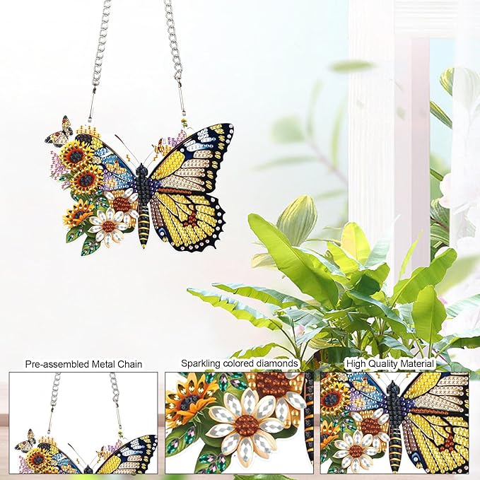 AiYuanzsh Butterfly Diamond Painting Kit Ornament with Hanging Chain DIY Diamond Art Hanging Pendant Paint by Number Stained Glass Wall Art for Adults Acrylic Crystal Hanging Home Wall Decor Gift