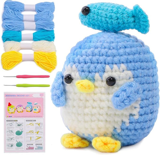IMZAY Crochet Kit for Beginners, Beginner Animal Crochet Kit, Cute Crochet Starter Kit with Video Tutorial, Crochet Hooks, Colored Yarns, Stitch Marker Complete Crochet Set to Make Blue Penguin