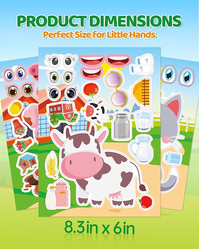 aowplc 48 sheets farm animal make‑a‑face stickers for kids & toddlers – 12 unique mix‑and‑match designs – farm party favors, birthday supplies, activities & crafts