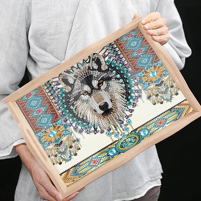 DIY Diamond Art Tray with Handle Diamond Art Painting Plate Creative Design Handmade Wooden Tray Mosaic Making Kits by Number Kits Diamond Art for Coffee Living Room Home Organizer (Dreamcatcher Wolf)