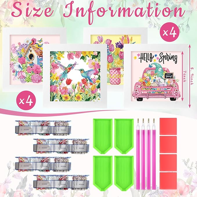 Geyoga 4 Pcs Spring Diamond Painting Kits with Frame Spring Tulip Flower Gnome Diamond Art Kits for Adults Beginner Kids DIY Arts and Crafts Crystal Rhinestone Gem Art Table Decor Gift 7 x 7 Inch