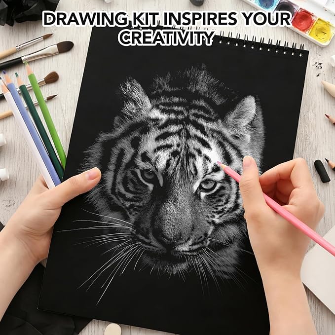 Prudiut Drawing Sketchbook Kit, Sketch Book with 36 Color Pencils, Three Color Black Sketch Pad, Acid-Free Drawing Pad for Artist, Art Paper Painting Supplies for Gifts (9×12 inch)