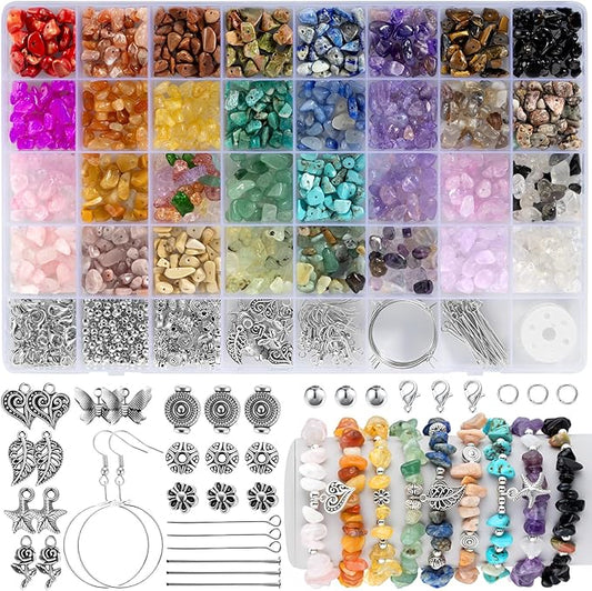 funtopia 32 colors crystal beads for jewelry making,1200 pcs natural stone beads bracelet making kit adults 5-8mm irregular crystals and gemstones chips for bracelet necklace earring diy craft