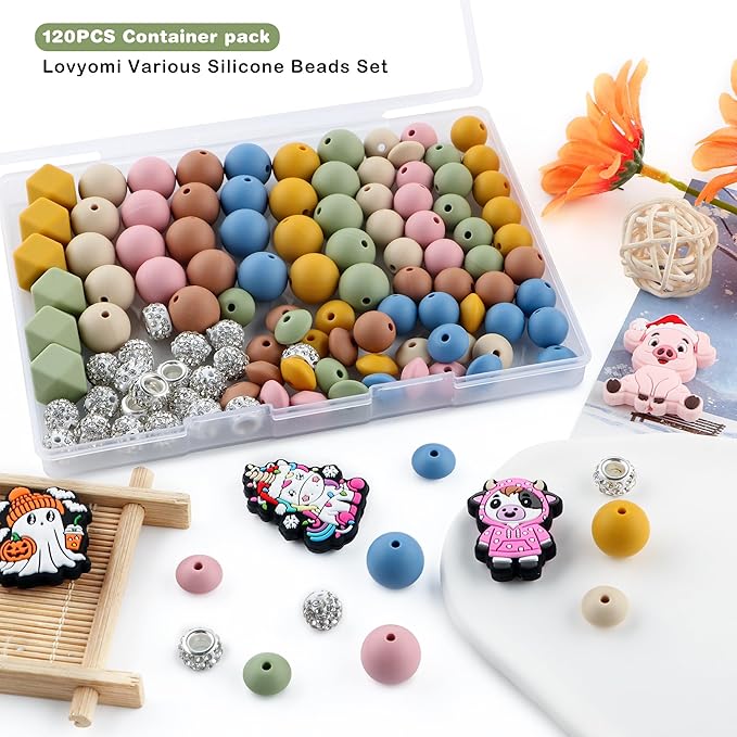120Pcs Multicolor 12mm 15mm Silicone Beads for Keychain Making, 14mm Hexagon Beads Rhinestone Round Spacer 10mm for DIY Handicrafts(Mustard)