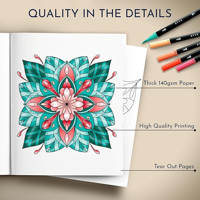 RYVE Mandala Coloring Book for Adults (2 Pack) – 60 Unique Mandalas for Relaxation, Anxiety & Stress Relief – Mindfulness Adult Coloring Book for Women & Men, Inspirational Gifts for Women