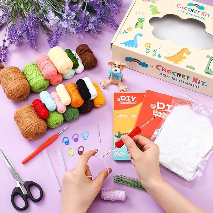 HunnmingRe 12 Pcs Christmas Crochet Gift Kit for Beginner, Mini Potted Succulent Plants DIY Craft Kit for Starters with Video Tutorials Classroom Craft for Adults Birthday Xmas Decoration