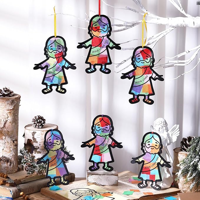 Motipuns 32 Sets Easter Jesus Ornaments Craft Kit, Religious Christian DIY Jesus Loves You Suncatchers Gift Stained Glass Effect with Tissue Paper Window Art for Sunday School Church VBS Decor