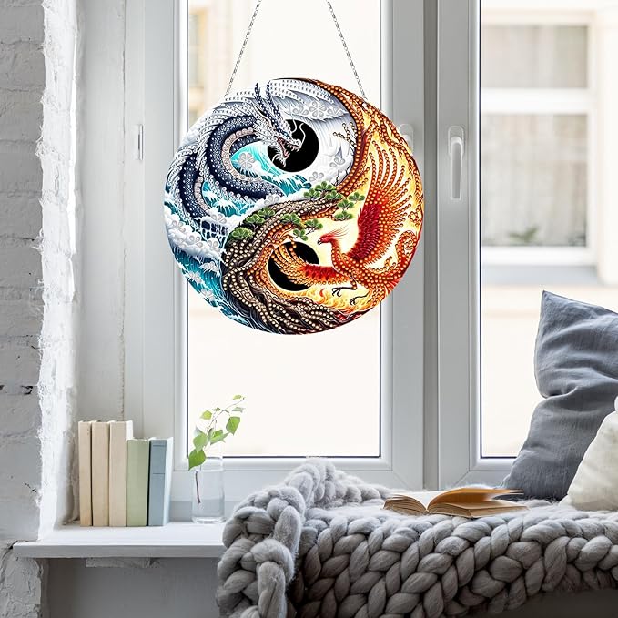 Generic DIY Hanging Diamond Pendant Special Shaped Crystal Diamond Art Painting Ornament Single Sided for Window Home Garden Wall Door Decor-Dragon & Phoenix