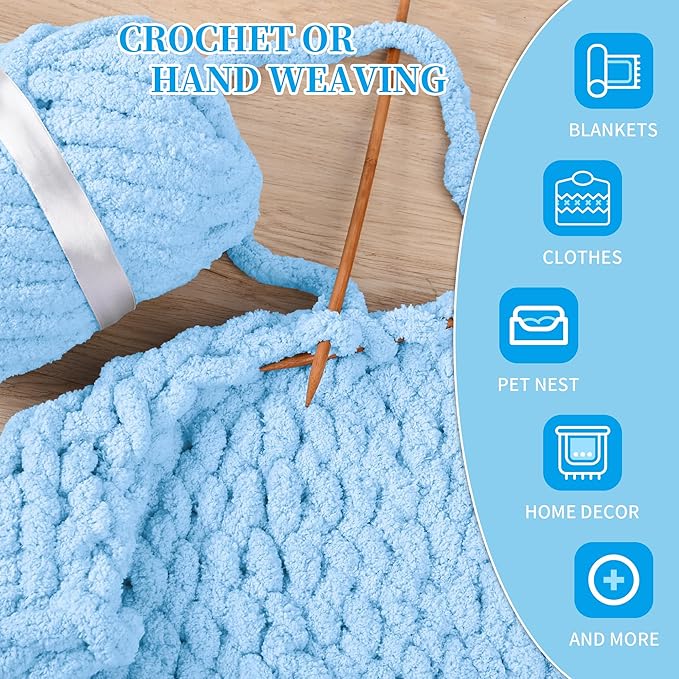 8 Packs Jumbo Chenille Chunky Yarn for Crocheting Knitting, Handcrafts & Blanket Yarn (Sky Blue, 8 Pack)