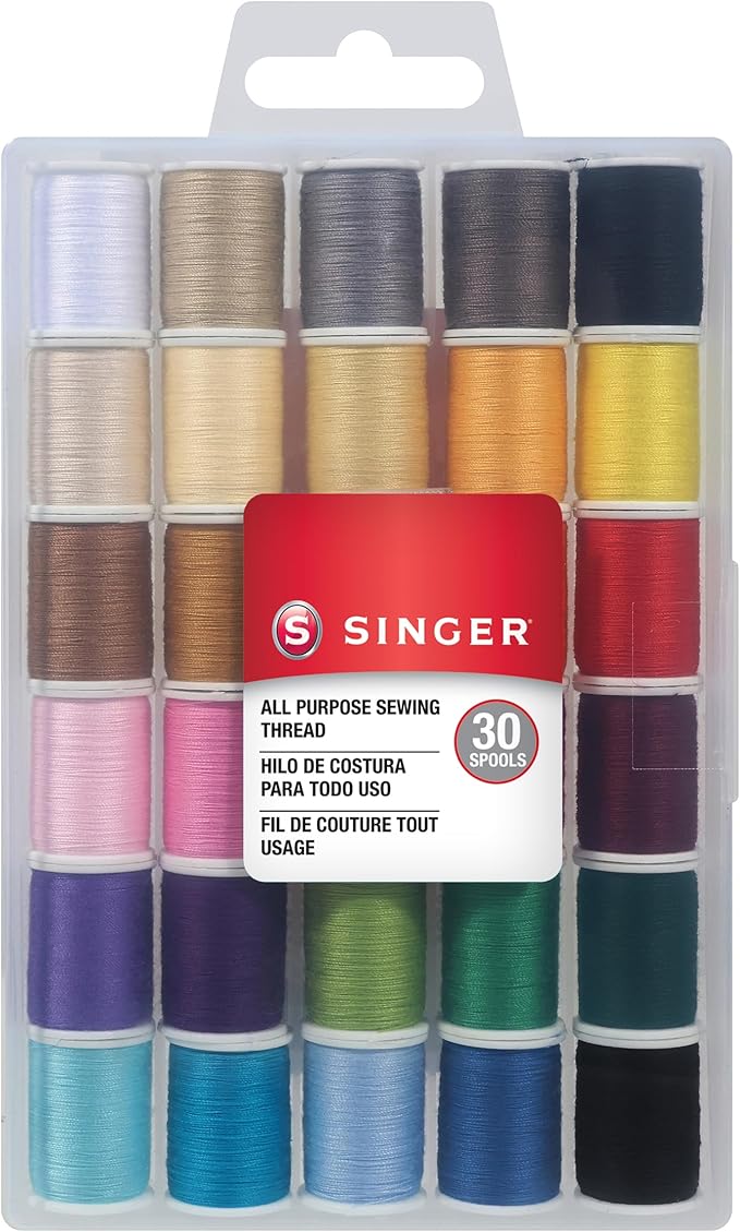 SINGER Polyester Sewing Thread Set - 30 Assorted Colors, 50 Yards per Mini Thread Spool, Sewing Kit Includes 5 Large Eye Hand Needles, 1 Needle Threader, Suitable for Hand and Machine Sewing