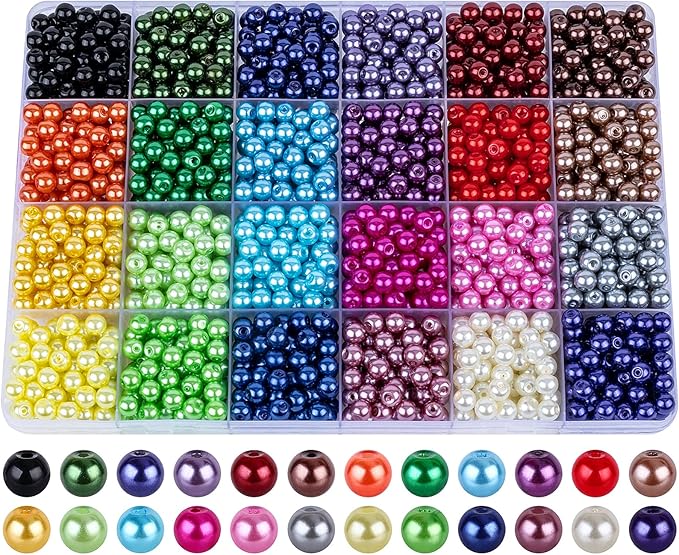 XSEINO About 1200+ PCS 6mm Imitation Pearl Style Glass Beads Bracelet Making Kit, 24 Assorted Colors Imitation Pearl Series Crystal Beads for Jewelry Making and DIY Crafts, Friendship Bracelets