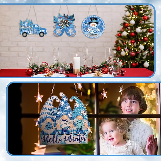 Zonon 6 Pcs Winter Diamond Painting Hanging Sign Set 5d Snowman Diamond Art Set for Adults DIY Gnome Art Pendant Ornaments Kits Acrylic Winter Tree Wreath Truck for Wall Window Decor