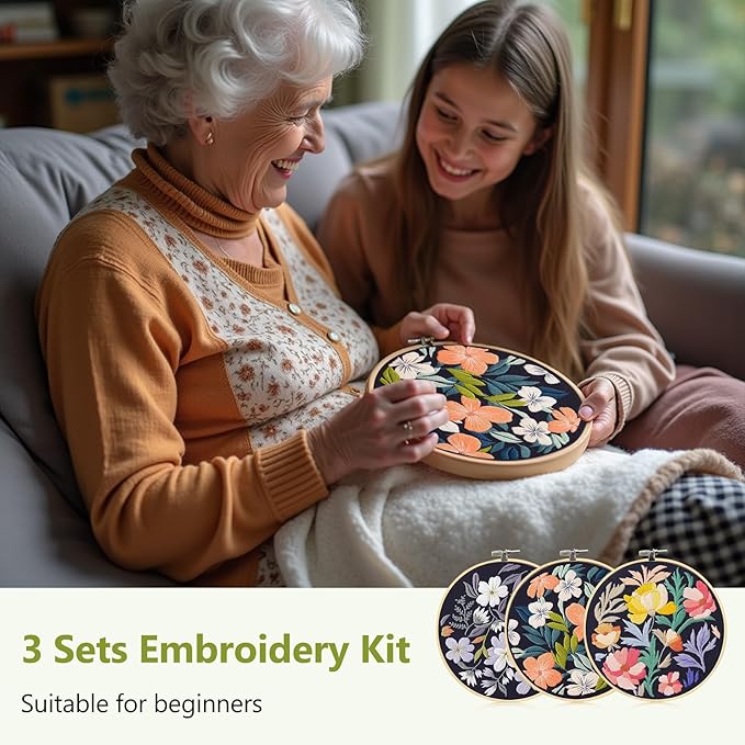 Santune 3 Pack Embroidery Kit for Beginners, Needlepoint Cross Stitch Kits for Adults,Needle Point Sets with Stamped Petal Pattern Stitch Video Tutorial