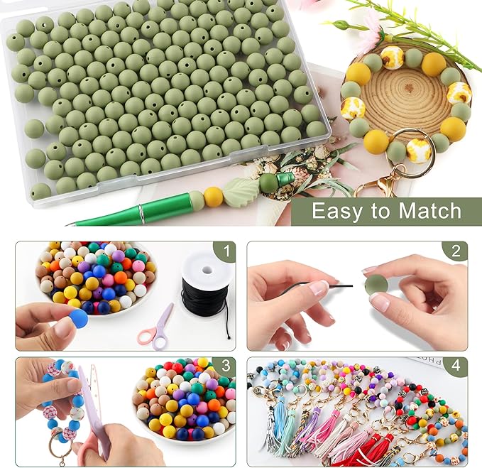 160Pcs 12mm Silicone Beads for Keychain Making Bracelet Necklace, Bulk Round Silicone Beads for Pens（Matcha Green）
