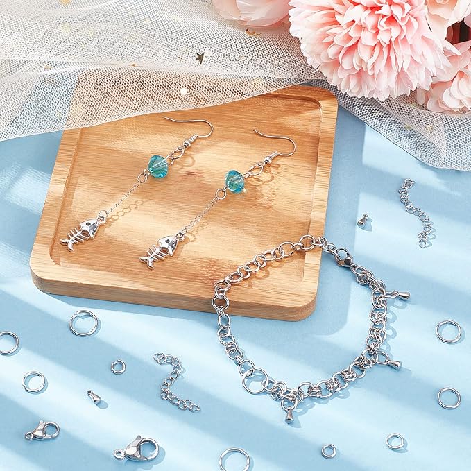 PH PandaHall 830pcs Jewelry Making Findings Stainless Steel, 680pcs 5 Styles Jump Rings 90pcs 3 Styles Lobster Claw Clasps 30pcs 40mm Extender Chains 30pcs Chain Drop for DIY Bracelet Necklace