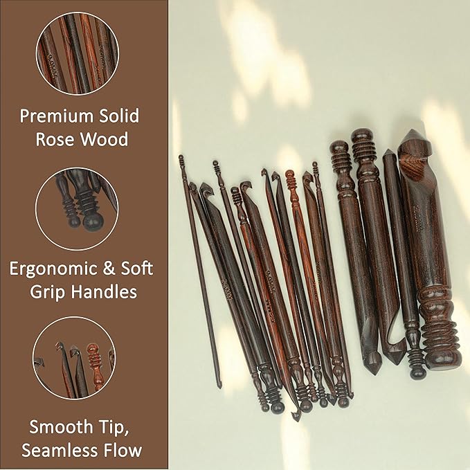 Ergonomic Crochet Sets - Wooden Crochet Hook, Crochet Kit for Beginners, Gifts for Crocheters (Set of 15)