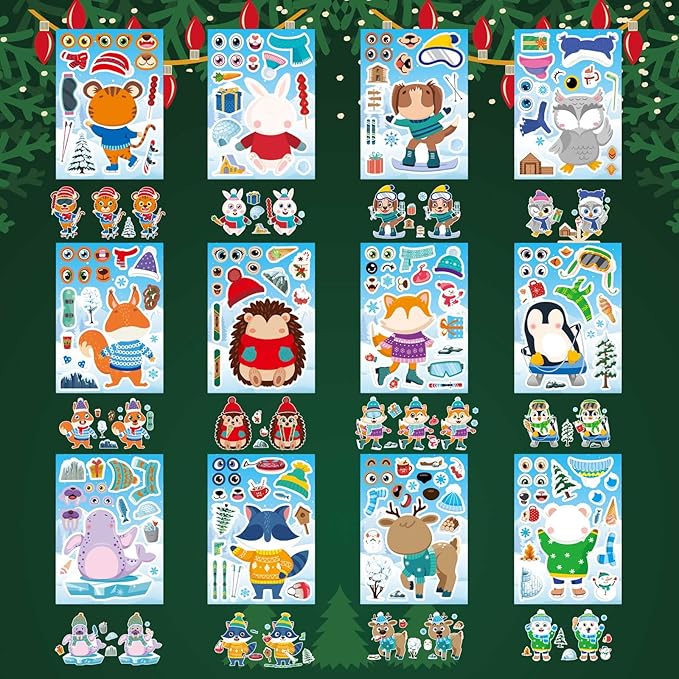24 sheets winter stickers for kids toddlers, make-a-face sticker, make your own stickers with 12 designs of animal owl penguin snowman bear sticker for winter party decorations supplies