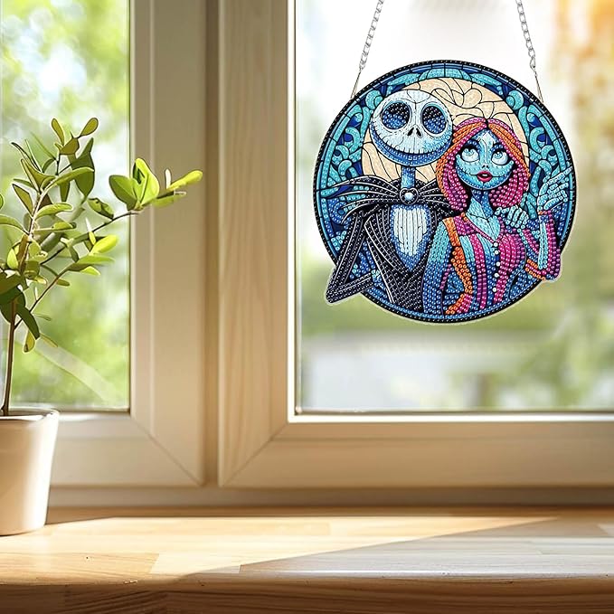 DIY Diamond Art Hanging Kit for Adult,Hallween Acrylic Diamond Art Painting Window Pendants Home Garden Wall Ornament Kits,Jack and Sally