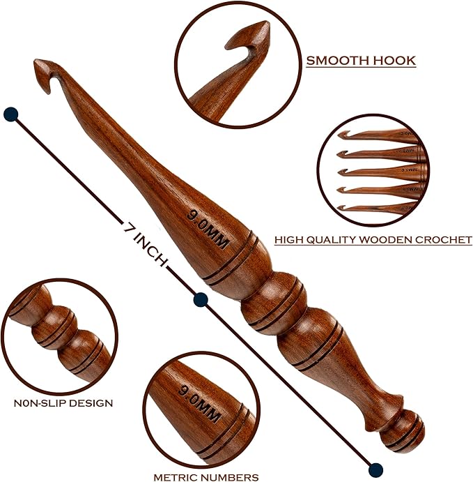 Bhartiya Handicrafts Wooden Crochet Hooks Set, 12pcs Ergonomic Knitting Needles - Rosewood, 3.5mm(E) to 12mm(P) - Includes Holder