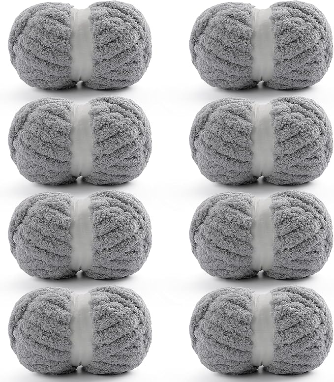 8 Pack Chunky Yarn for Crocheting, Blanket Thick Chenille for Hand Knitting, Soft Chunky for Crochet - 28 Yds 7.7 Oz Each Skein (Light Gray)