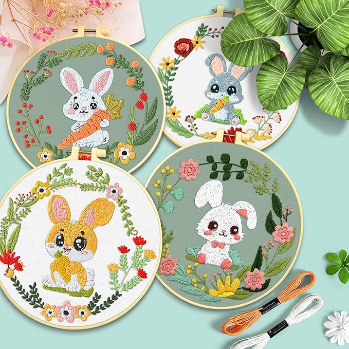 ERKOON 4 Sets Embroidery Kit, Animal Cross Stitch Set for Include Embroidery Cloth Hoops Threads for Craft Lover Hand Stitch (Rabbit)