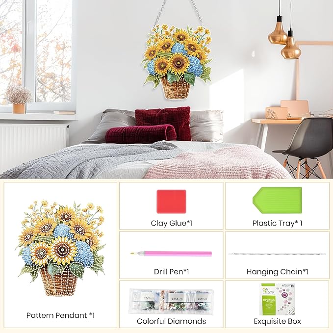 Genius maker Sunflowers Diamond Art Hanging Kits for Adults, Fall Special Shaped Diamond Painting Kits, DIY Acrylic 5D Crystal Diamond Gem Art Painting Hanging Ornament for Home Wall Decor