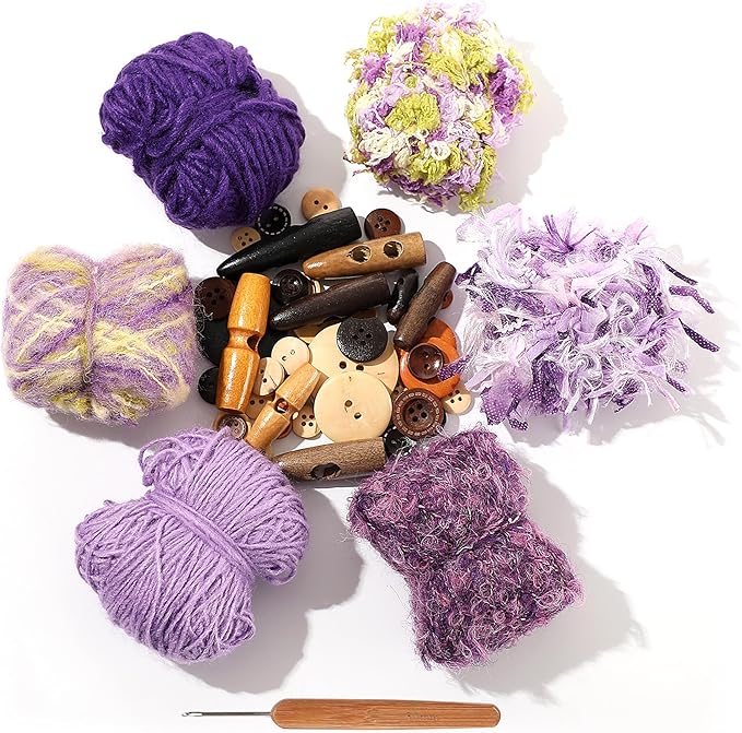 Hand Spun Art Yarn Kit - 6 Skeins 525 -Yard Vintage Style Blended Fibers with Wood Buttons & Crochet Hook for Knitting, Crochet, Textile Decorative, Tassels, Jewelry Making, Fiber Crafts (Violet)