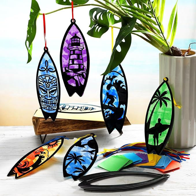 30 Pcs Beach Surfboard Suncatchers Paper Craft Set Sea Ocean Beach Surfboard DIY Stained Glass Effect Tissue Paper Kits Gift Bulk for Summer Activities Art Party Decor