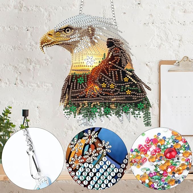 Yomiie Eagle Animal Sun Catcher Window Hanging - DIY Double Sided African Americans Diamond Painting Pendant Kit, Acrylic Diamonds Art Ornament for Front Door Sign & Indoor/Outdoor Decor(8x8 inch)