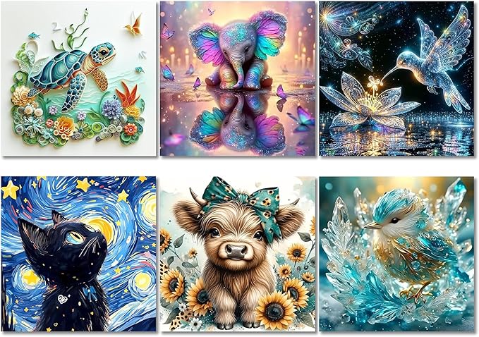 Muzagroo Art Animals Diamond Paintings Kits for Adults, Special-Shaped Diamond Art Kits for Beginners, Hand Crafts Sea Turtle Diamond Dot Kits Bird Gem Art 12x12 inches 6PCS (Animals)