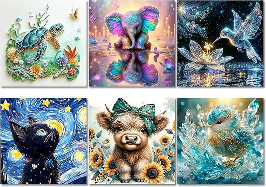 Muzagroo Art Animals Diamond Paintings Kits for Adults, Special-Shaped Diamond Art Kits for Beginners, Hand Crafts Sea Turtle Diamond Dot Kits Bird Gem Art 12x12 inches 6PCS (Animals)