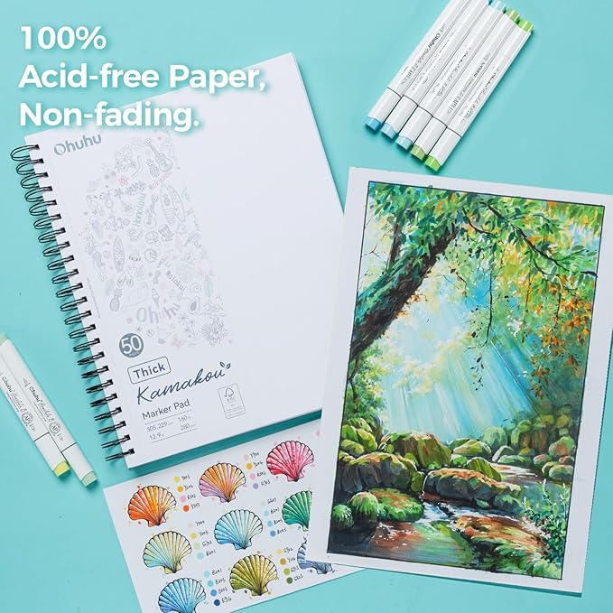 Ohuhu Double-Sided Marker Pad Art Sketchbook Bleedproof - 9"x12" Large Paper Size - 160 lb/280 gsm Heavyweight Smooth Drawing Paper - 50 Sheets/100 Pages - Spiral-Bound Sketch Book for Alcohol Markers