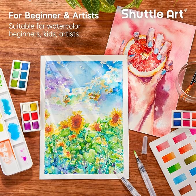 Watercolor Paint Set, Shuttle Art 48 Colors Watercolor Paint in Half Pans with 2 Water Brush Pens, 10 Paint Brushes, 1 Watercolor Pad, 1 Palette, 2 Color Charts, Watercolor Kit for KidsAdults, Artists