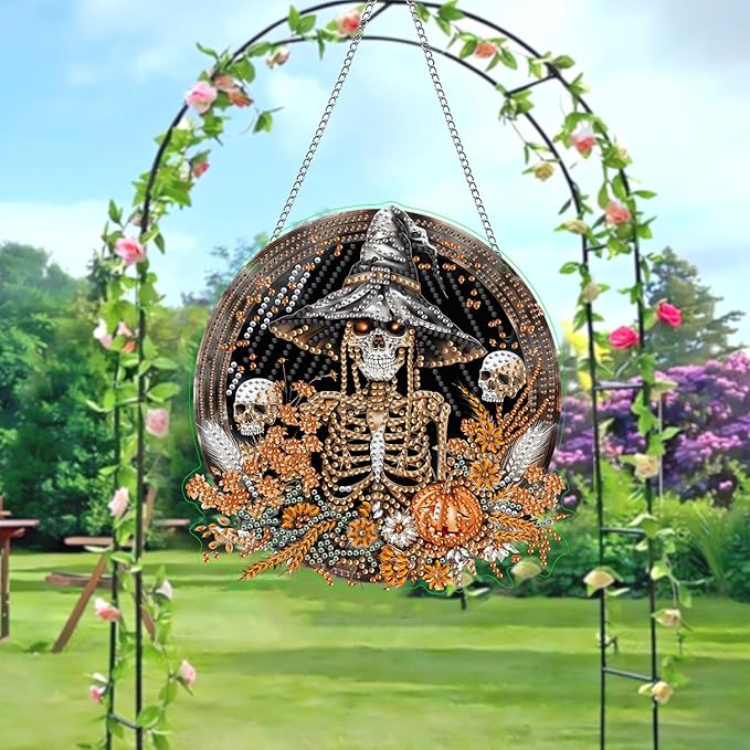 LOMSIOY Diamond Art Hanging Kit for Adult, Halloween Front Door Sign Window Decor for Outdoor, Skeleton Double Sided Summer Decor Suncatcers for Porch, Hanging Pendants for Garden Wall （8x8 Inch
