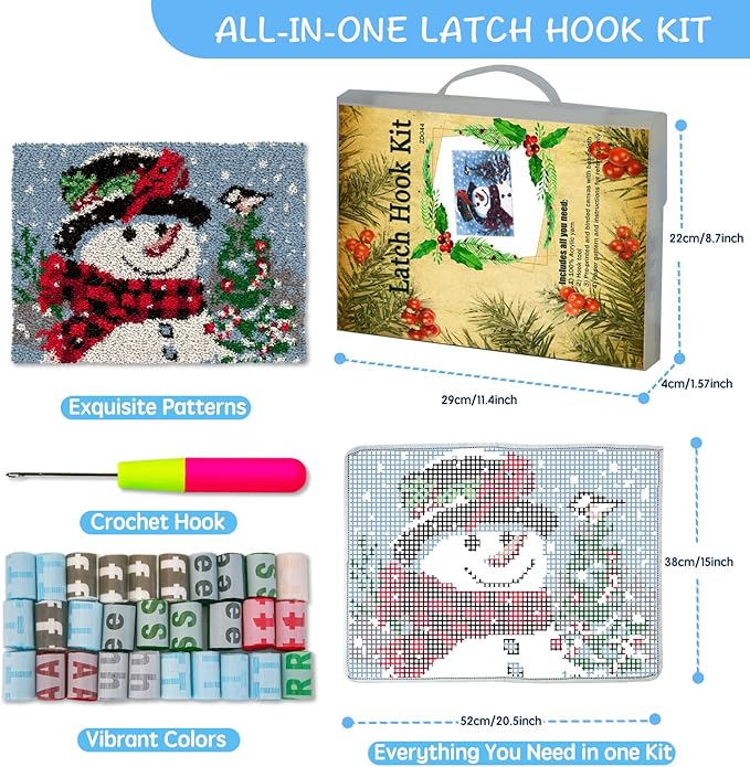 ZFFLYH Christmas Snowman Latch Hook Rug Kits, DIY Rug Crochet Yarn Kits Printed Color Canvas Christmas Decoration and Activity 20.5X15 Inch