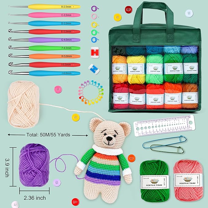 INSCRAFT Crochet Yarn Kit for Beginners Adults and Kids, Includes 1650 Yards 30 Colors Acrylic Skeins, User Manual, Hooks, Dark Grass Bag etc, Make Amigurumi & Projects, Starter Set for Professionals