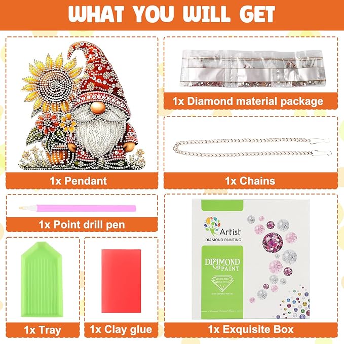 NAIMOER Diamond Art Hanging Kits for Adults Gnome Sunflower 5D Special Shaped Rhinestone, DIY Acrylic Diamond Art Painting Window Pendants Home Garden Wall Hanging Ornament Kits, Double Sided