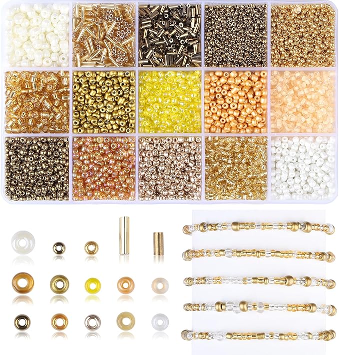 DUQGUHO Gold Beads for Jewelry Making 4mm Gold Glass Seed Beads Kit 15 Color 3mm 2mm Small Plastic Tube Bead for Bracelets Craft DIY