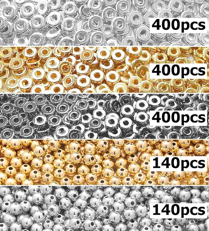 6mm Flat Round Spacer Beads, 1480pcs (280Round) - Gold, Silver, Black - Copper Coated Plastic - DIY Jewelry Making Kit