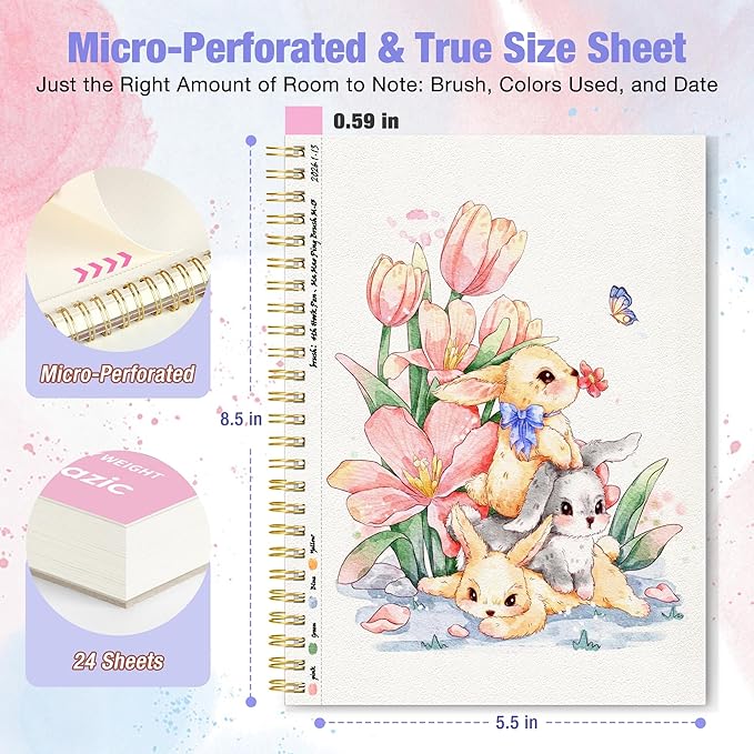 Creazic Watercolor Paper Pad (Pink), 5.5"x8.5", 24 Sheets (140lb/300g). Spiral Bound with Micro-Perforated Tear Line. Portable Travel Sketchbook Journal for Adults, Kids, Art Practice & Small Projects
