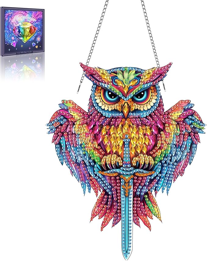 Wergund 5D DIY Owl Diamond Art Hanging Kits, Hanging Diamond Art Bird, Acrylic Special Shaped Rhinestone, Window Hanging Pendants for Home Wall Garden Front Door Outdoor Decor Gift(Owl)