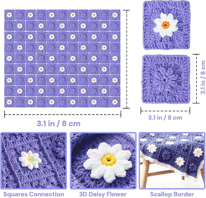 HUYEIOBGD Daisy Blanket Crochet Kit for Beginners, Complete DIY Crochet Set with Yarn, Hooks, Pattern & Tools, Boho Flower Blanket Craft Kit for Handmade Gifts, Relaxing Crochet Projects for Adults