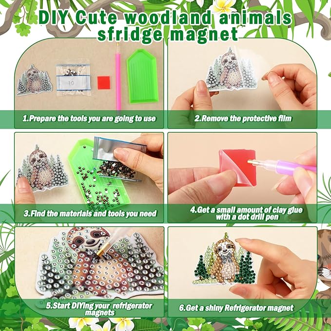 Xuhal 30 Pcs Forest Animal Diamond Painting Magnets Wildlife Diamond Art Magnets Kits for Adults 5D Rhinestone Zoo Woodland Wild Animal Refrigerator Magnetic Stickers for DIY Craft Fridge Gifts