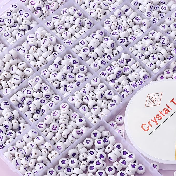 nikkiGuo 1250pcs 4x7mm White Round Acrylic Alphabet Beads A-Z Heart Beads with Numbers Crystal Line for Jewelry Bracelet, Necklace and Key Chains (Purple White Color)