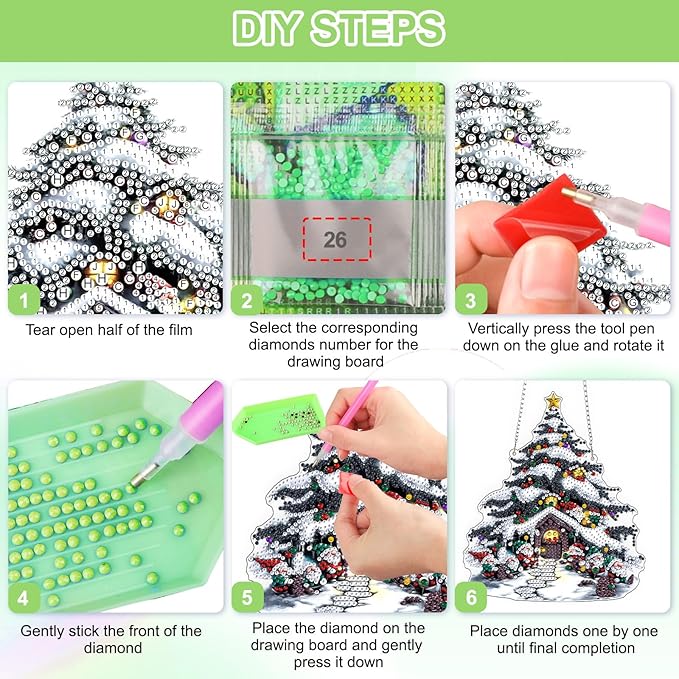 QENSPE Christmas Tree House Hanging Diamond Art with Chain,5D Special Shape Diamond Paingting Ornaments Kits,Festive Cottage Easy DIY Crystal Pendant Gem Art for Home Garden Wall Decor 8X8 inch