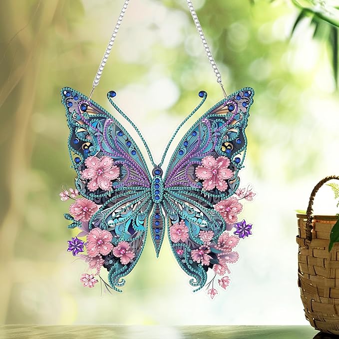 Nivvey DIY Hanging Diamond Art Pendant Painting Kit Butterfly, Special Crystal Gem Craft Painting Kit Ornament, Box Package,9.0x9.8inch