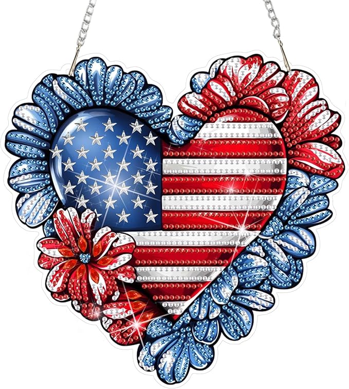 DOMROM 4TH of July Diamond Art Hanging Kit for Adult, Heart Diamond Art Hanging Kit,Patriotic DIY Diamond Art, Independence Day Diamond Hanging Pendant, Window Pendants Home Wall Hanging Ornament