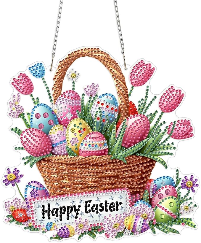 MEIYUDA Easter Egg Diamond Art Hanging Kits for Adult, Eggs Basket Diamond Painting Kits Ornaments, DIY Happy Easter Special Shaped Rhinestone Window Pendants kit for Home Garden Wall Decor Gift