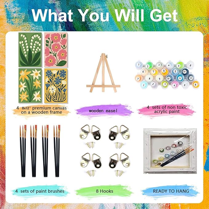 4 Pack Paint by Numbers for Adults with Framed Canvas - with Wooden Easel, Easy Flower Paint by Number for Beginners, Flowers Acrylic Oil Painting on Canvas with Brushes for Home Wall Decor 8x12 inch